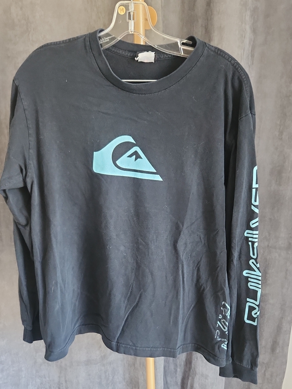 Quiksilver Black Long Sleeve Shirt with Teal Logo and Sleeve Text